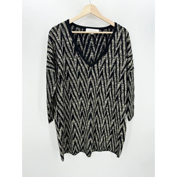 Callahan Black Gold Chevron Print Knit V Neck Sweater Dress Viscose Size Medium - Picture 1 of 8